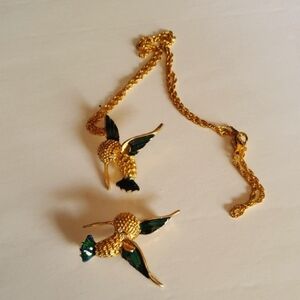 Gold Plated Set Hummingbirds Blue/green enamel.